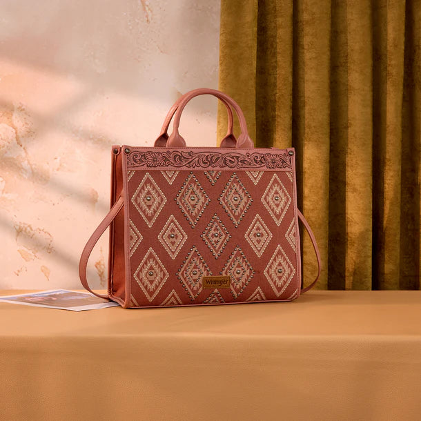 Load image into Gallery viewer, WG435-8119PK -  Wrangler Pink Aztec Studded Denim Tote &amp; Crossbody Bag

