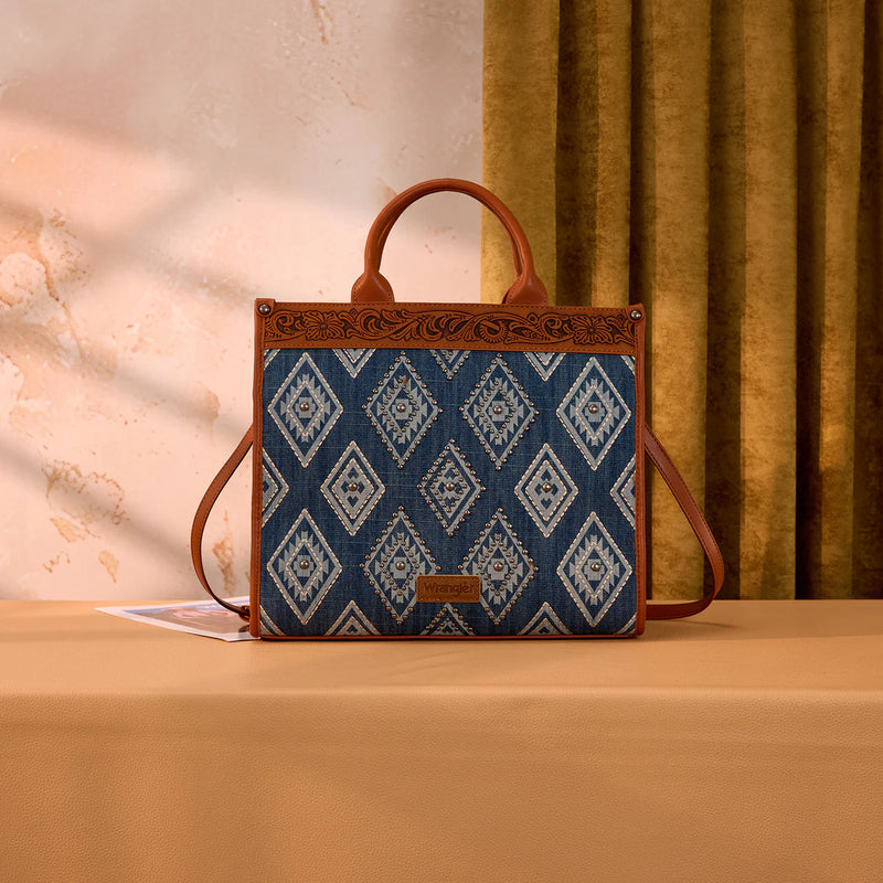 Load image into Gallery viewer, WG435-8119JN -  Wrangler Jean Aztec Studded Denim Tote &amp; Crossbody Bag
