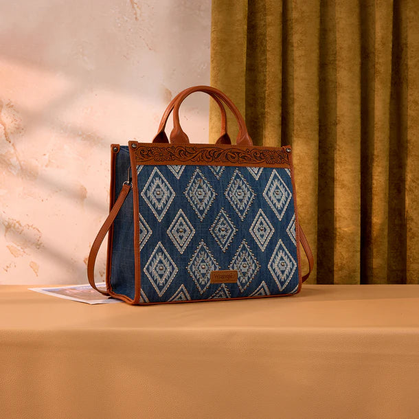 Load image into Gallery viewer, WG435-8119JN -  Wrangler Jean Aztec Studded Denim Tote &amp; Crossbody Bag
