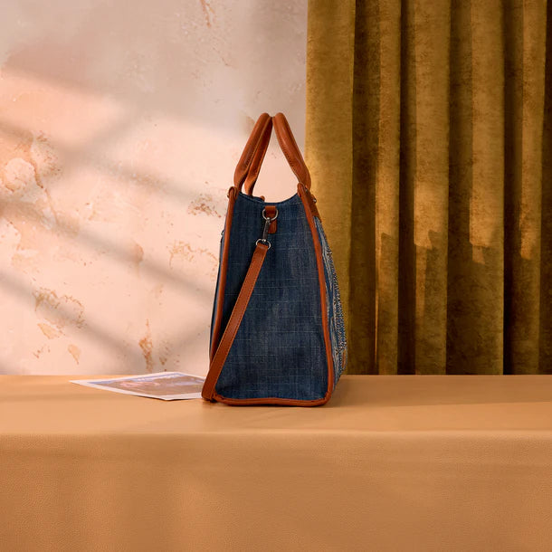 Load image into Gallery viewer, WG435-8119JN -  Wrangler Jean Aztec Studded Denim Tote &amp; Crossbody Bag
