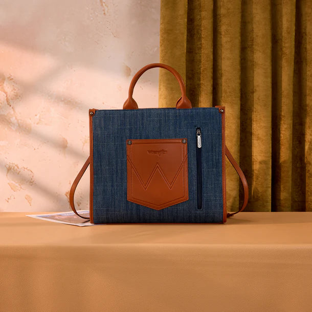 Load image into Gallery viewer, WG435-8119JN -  Wrangler Jean Aztec Studded Denim Tote &amp; Crossbody Bag
