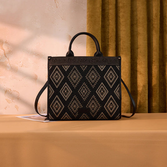 WG435-8119BK -  Wrangler Black Aztec Studded Denim Tote & Crossbody Bag