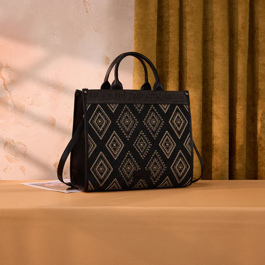 WG435-8119BK -  Wrangler Black Aztec Studded Denim Tote & Crossbody Bag