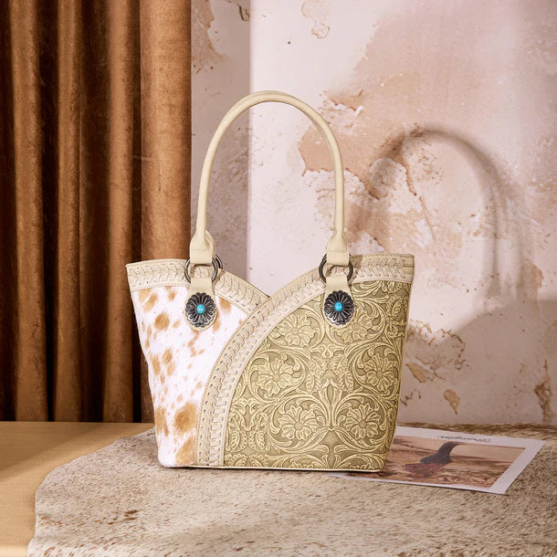 Load image into Gallery viewer, MW1365-8005TN - Montana West Tan Tooled &amp; Cowhide Whipstitch Tote Bag
