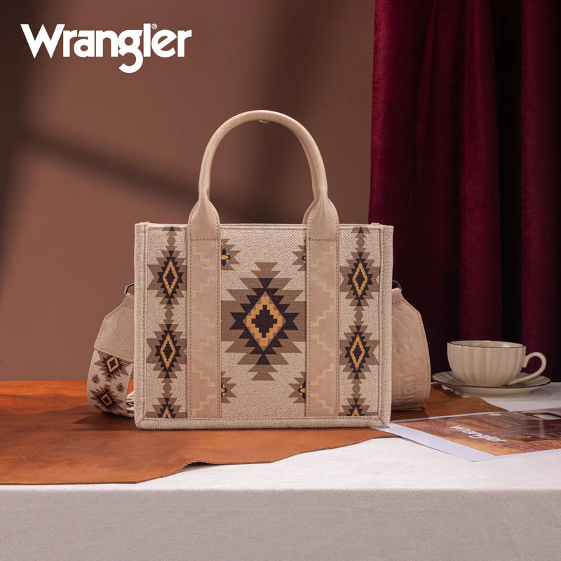 Load image into Gallery viewer, WG226-8120STN - Wrangler Aztec Pattern Dual Sided Print - Tote/Crossbody - Tan
