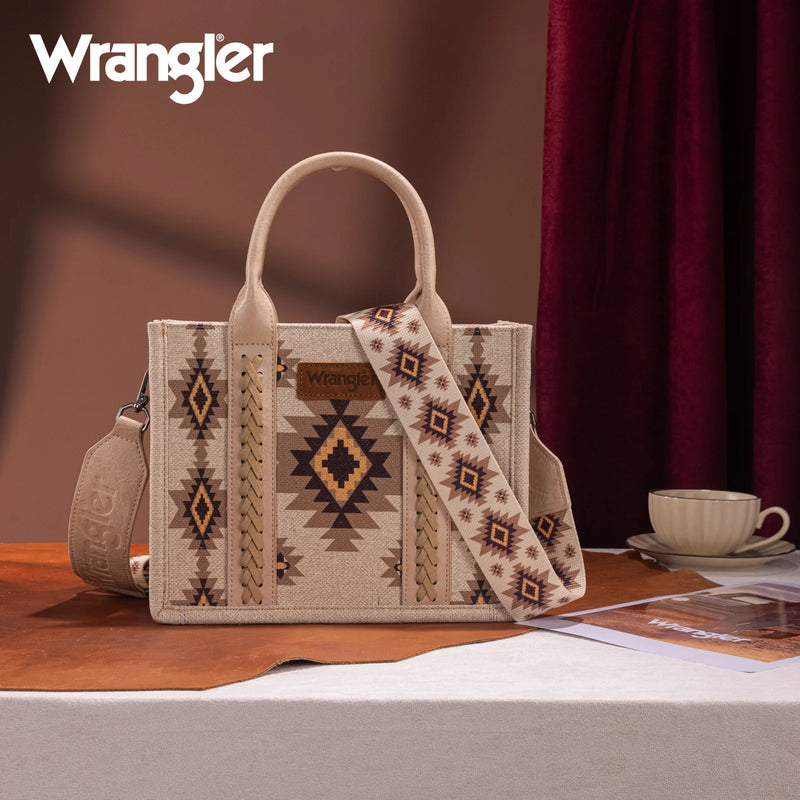 Load image into Gallery viewer, WG226-8120STN - Wrangler Aztec Pattern Dual Sided Print - Tote/Crossbody - Tan
