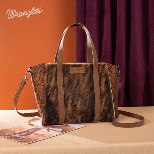 WG252-8012BR - Wrangler Genuine Hair-On Cowhide Wide Tote/Crossbody- Brown