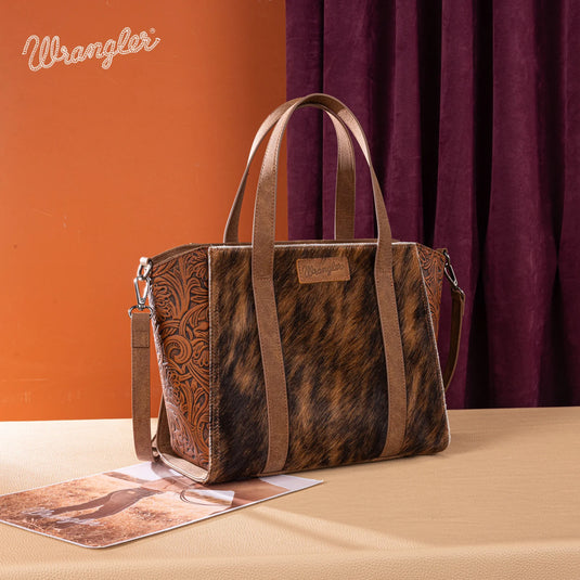 WG252-8012BR - Wrangler Genuine Hair-On Cowhide Wide Tote/Crossbody- Brown