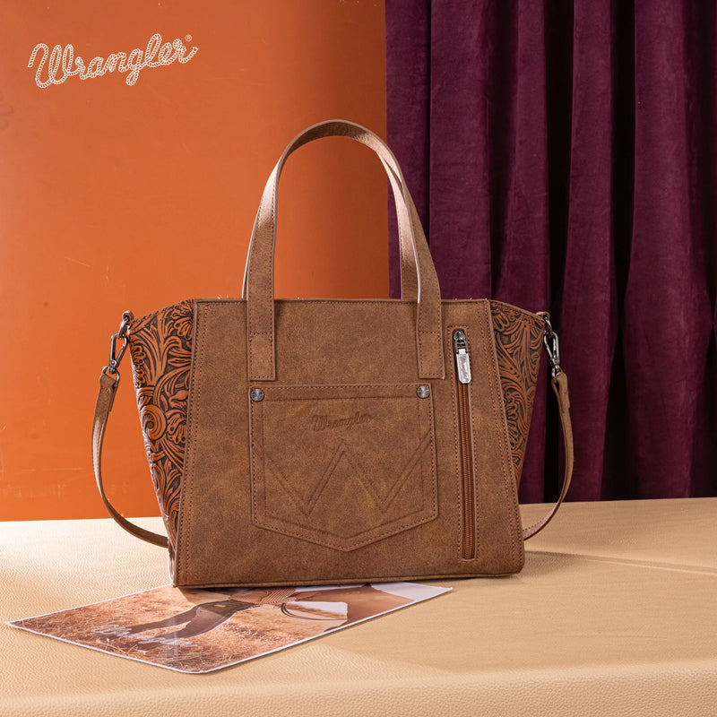 Load image into Gallery viewer, WG252-8012BR - Wrangler Genuine Hair-On Cowhide Wide Tote/Crossbody- Brown
