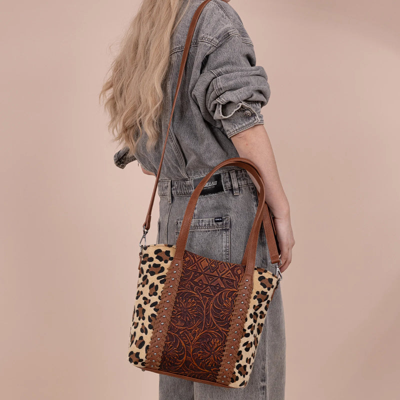 Load image into Gallery viewer, MW1318G-8318LP - Montana West Tooled Collection Concealed Carry Tote/Crossbody - Leopard
