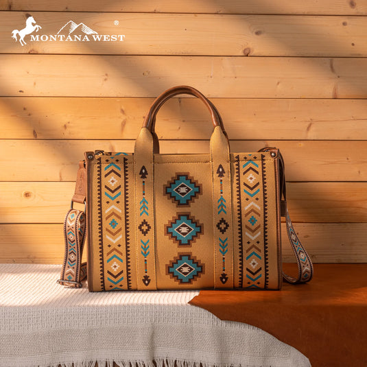 MW1333-8113BR - Montana West Aztec Retro Arrows Dual Sided Print Large Tote/Crossbody