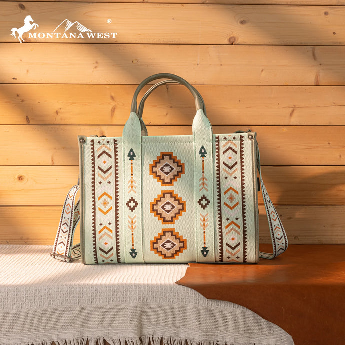 MW1333-8113GN - Montana West Aztec Retro Arrows Dual Sided Print Large Tote/Crossbody