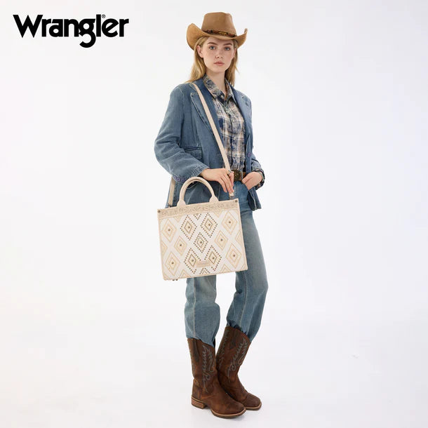 Load image into Gallery viewer, WG435-8119BG - Wrangler Beige Aztec Studded Denim Tote &amp; Crossbody Bag
