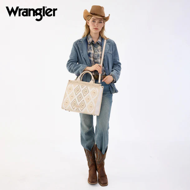 Load image into Gallery viewer, WG435-8119BG - Wrangler Beige Aztec Studded Denim Tote &amp; Crossbody Bag
