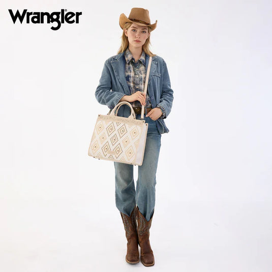 WG435-8119BG - Wrangler Beige Aztec Studded Denim Tote & Crossbody Bag
