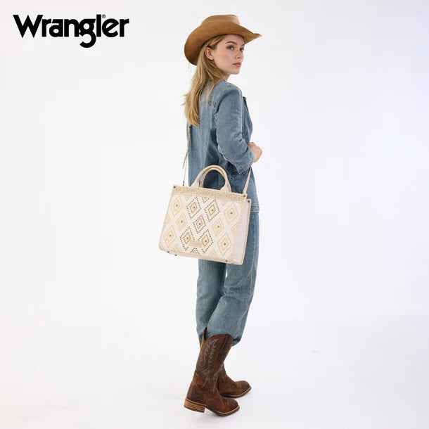Load image into Gallery viewer, WG435-8119BG - Wrangler Beige Aztec Studded Denim Tote &amp; Crossbody Bag
