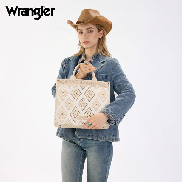 Load image into Gallery viewer, WG435-8119BG - Wrangler Beige Aztec Studded Denim Tote &amp; Crossbody Bag
