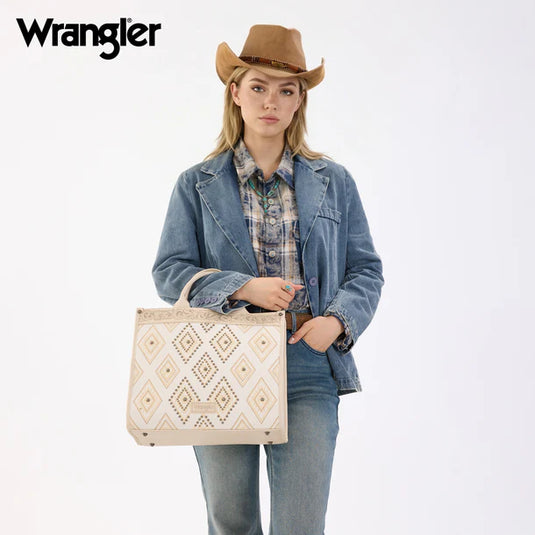 WG435-8119BG - Wrangler Beige Aztec Studded Denim Tote & Crossbody Bag