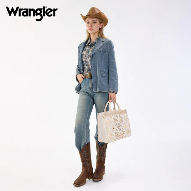 Load image into Gallery viewer, WG435-8119BG - Wrangler Beige Aztec Studded Denim Tote &amp; Crossbody Bag
