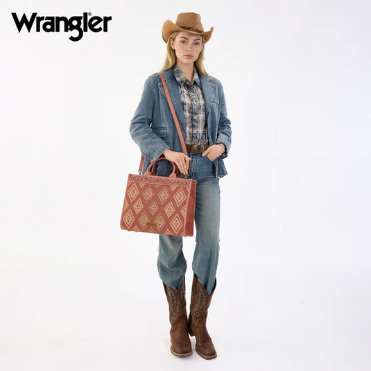 WG435-8119PK -  Wrangler Pink Aztec Studded Denim Tote & Crossbody Bag