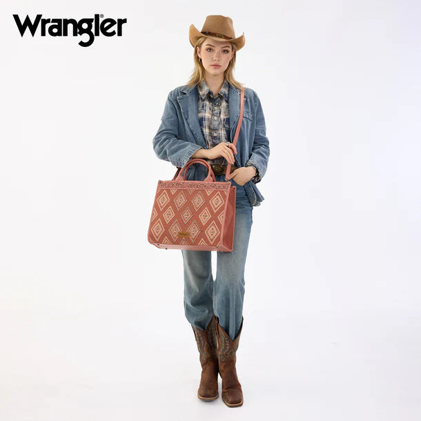 Load image into Gallery viewer, WG435-8119PK -  Wrangler Pink Aztec Studded Denim Tote &amp; Crossbody Bag
