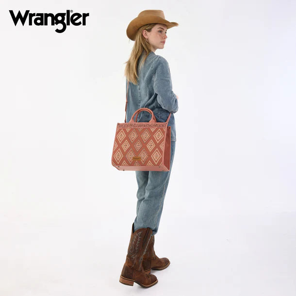 Load image into Gallery viewer, WG435-8119PK -  Wrangler Pink Aztec Studded Denim Tote &amp; Crossbody Bag
