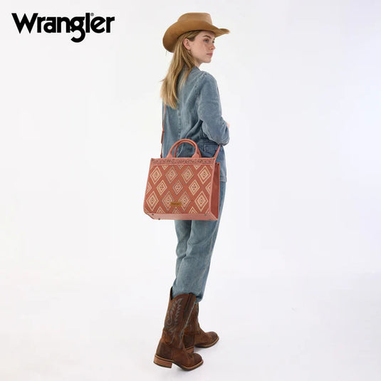 WG435-8119PK -  Wrangler Pink Aztec Studded Denim Tote & Crossbody Bag
