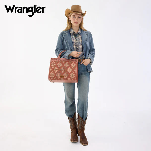 Load image into Gallery viewer, WG435-8119PK -  Wrangler Pink Aztec Studded Denim Tote &amp; Crossbody Bag
