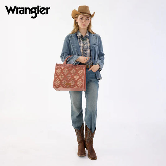 WG435-8119PK -  Wrangler Pink Aztec Studded Denim Tote & Crossbody Bag