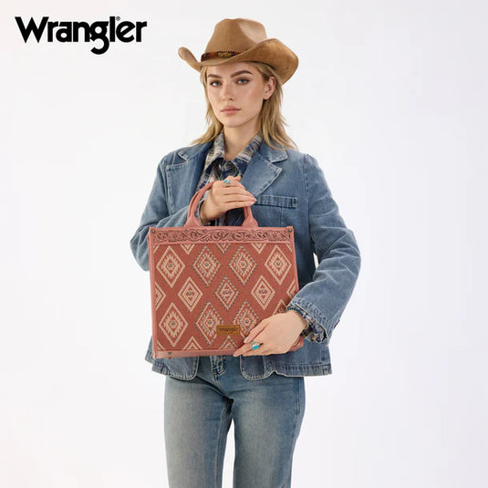 WG435-8119PK -  Wrangler Pink Aztec Studded Denim Tote & Crossbody Bag