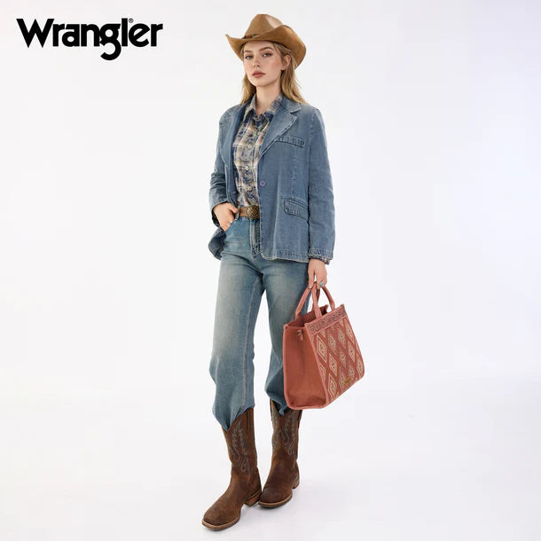 Load image into Gallery viewer, WG435-8119PK -  Wrangler Pink Aztec Studded Denim Tote &amp; Crossbody Bag
