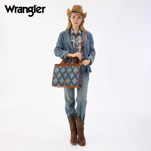Load image into Gallery viewer, WG435-8119JN -  Wrangler Jean Aztec Studded Denim Tote &amp; Crossbody Bag
