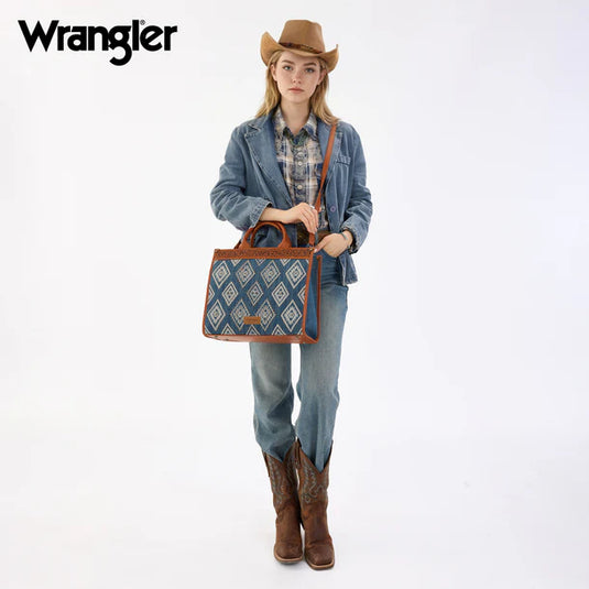 WG435-8119JN -  Wrangler Jean Aztec Studded Denim Tote & Crossbody Bag