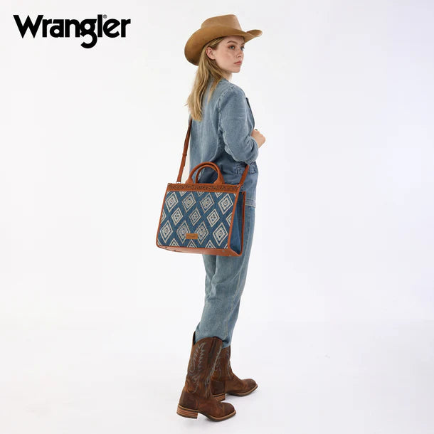 Load image into Gallery viewer, WG435-8119JN -  Wrangler Jean Aztec Studded Denim Tote &amp; Crossbody Bag
