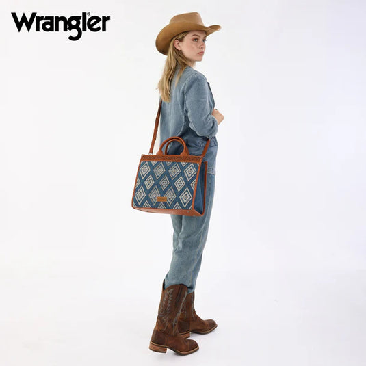WG435-8119JN -  Wrangler Jean Aztec Studded Denim Tote & Crossbody Bag