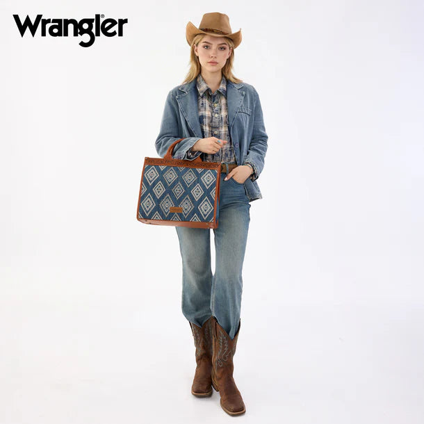 Load image into Gallery viewer, WG435-8119JN -  Wrangler Jean Aztec Studded Denim Tote &amp; Crossbody Bag
