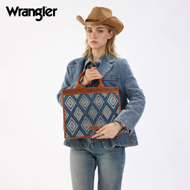 Load image into Gallery viewer, WG435-8119JN -  Wrangler Jean Aztec Studded Denim Tote &amp; Crossbody Bag
