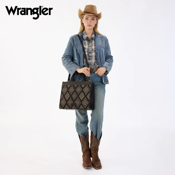 Load image into Gallery viewer, WG435-8119BK -  Wrangler Black Aztec Studded Denim Tote &amp; Crossbody Bag
