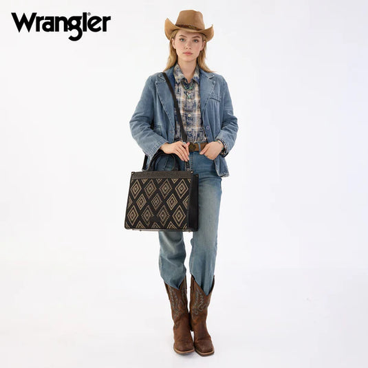 WG435-8119BK -  Wrangler Black Aztec Studded Denim Tote & Crossbody Bag