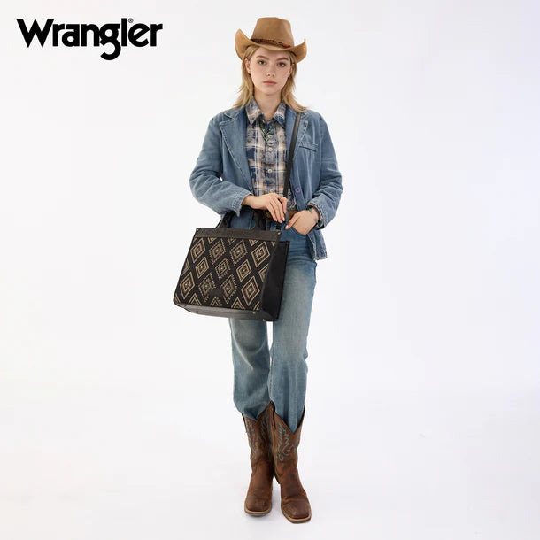Load image into Gallery viewer, WG435-8119BK -  Wrangler Black Aztec Studded Denim Tote &amp; Crossbody Bag
