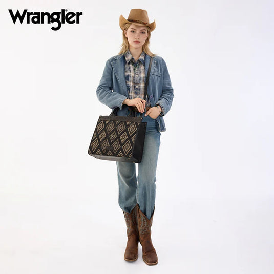 WG435-8119BK -  Wrangler Black Aztec Studded Denim Tote & Crossbody Bag