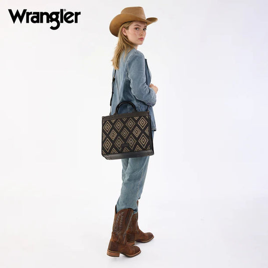 WG435-8119BK -  Wrangler Black Aztec Studded Denim Tote & Crossbody Bag