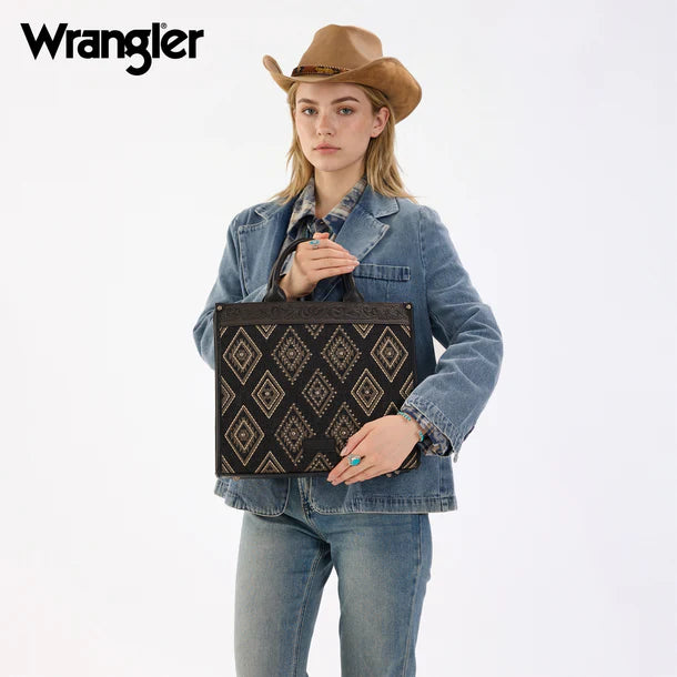 Load image into Gallery viewer, WG435-8119BK -  Wrangler Black Aztec Studded Denim Tote &amp; Crossbody Bag
