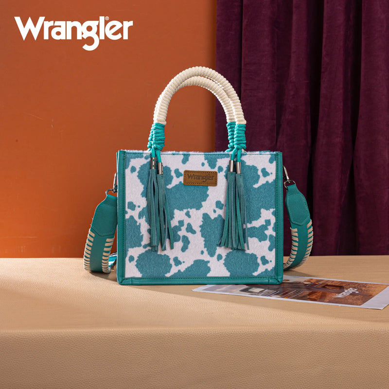 Load image into Gallery viewer, WG386-8120STQ - Wrangler Cow Print Tote/Crossbody - Turquoise
