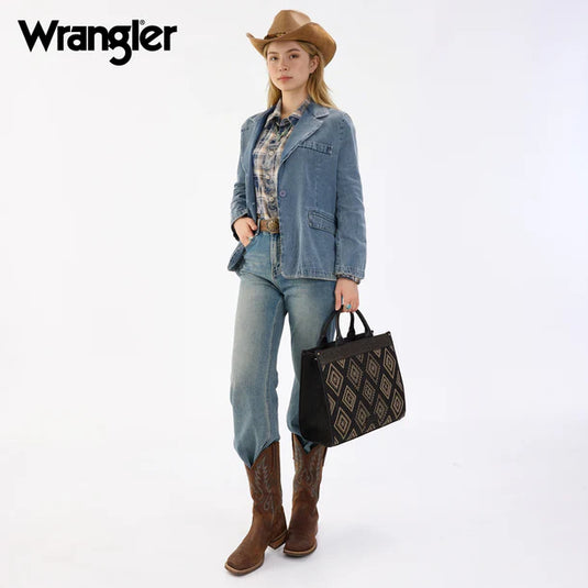 WG435-8119BK -  Wrangler Black Aztec Studded Denim Tote & Crossbody Bag