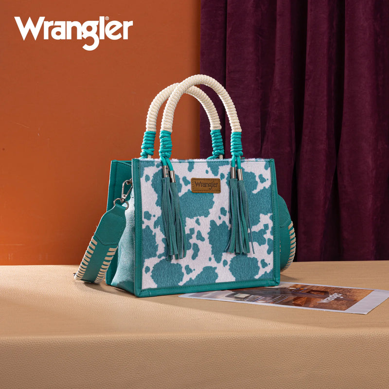Load image into Gallery viewer, WG386-8120STQ - Wrangler Cow Print Tote/Crossbody - Turquoise
