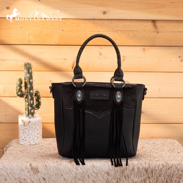 Load image into Gallery viewer, MW1358G-8120BK - Montana West Hair-On Hide Concealed Carry Tote Bag with Tooled Strap
