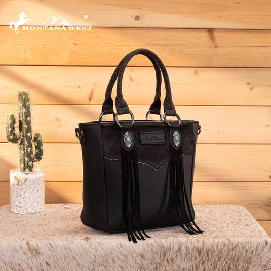 MW1358G-8120BK - Montana West Hair-On Hide Concealed Carry Tote Bag with Tooled Strap