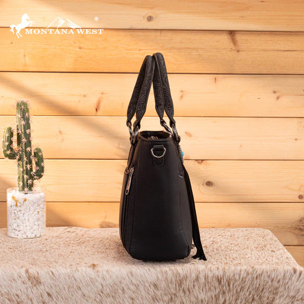 Load image into Gallery viewer, MW1358G-8120BK - Montana West Hair-On Hide Concealed Carry Tote Bag with Tooled Strap
