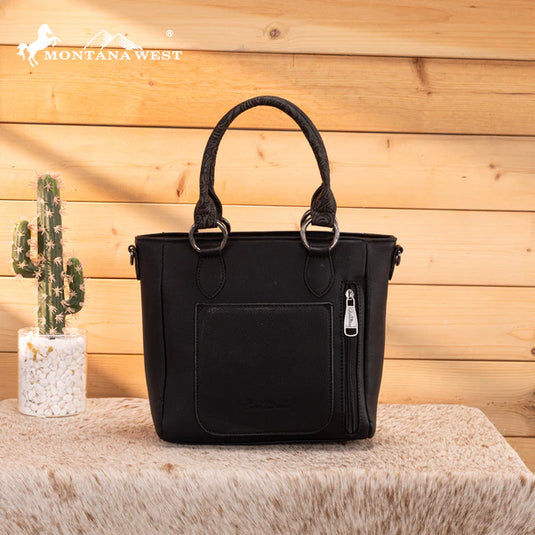 MW1358G-8120BK - Montana West Hair-On Hide Concealed Carry Tote Bag with Tooled Strap